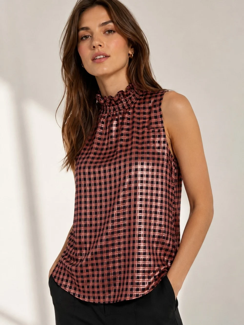 NWT J. CREW Ruffleneck Sleeveless Blouse In Metallic Lurex  Crinkle Gingham M